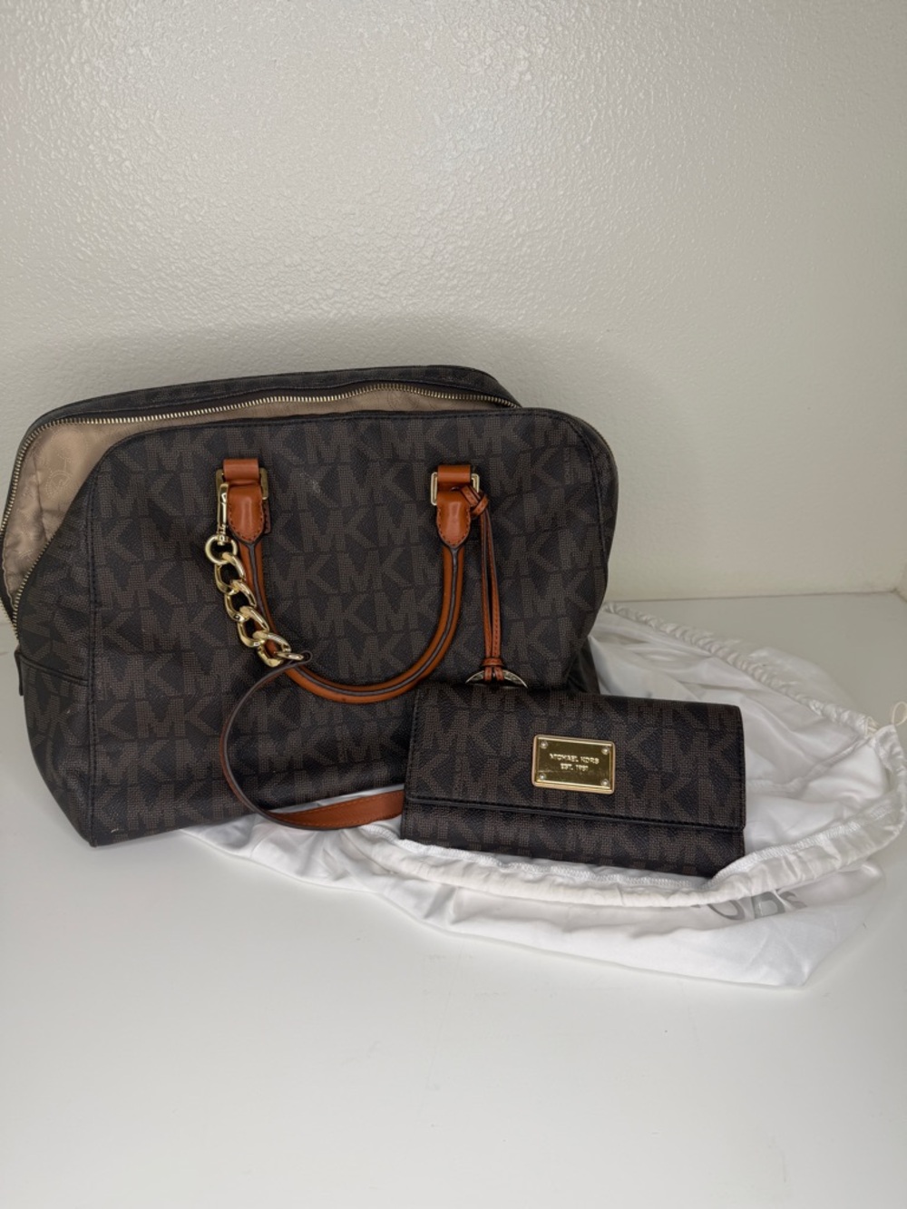 Michael Kors Brown MK Monogram Satchel with Matching Wallet